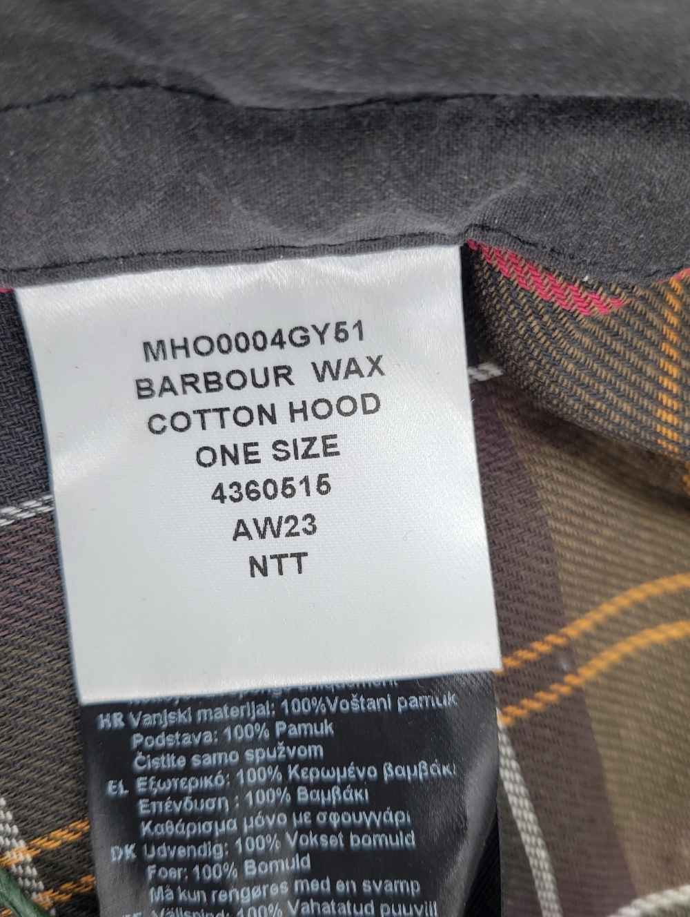 Barbour WAX COTTON HOOD Men's Hooded Jacket Liner - Gray Plaid Interior - Picture 3 of 8